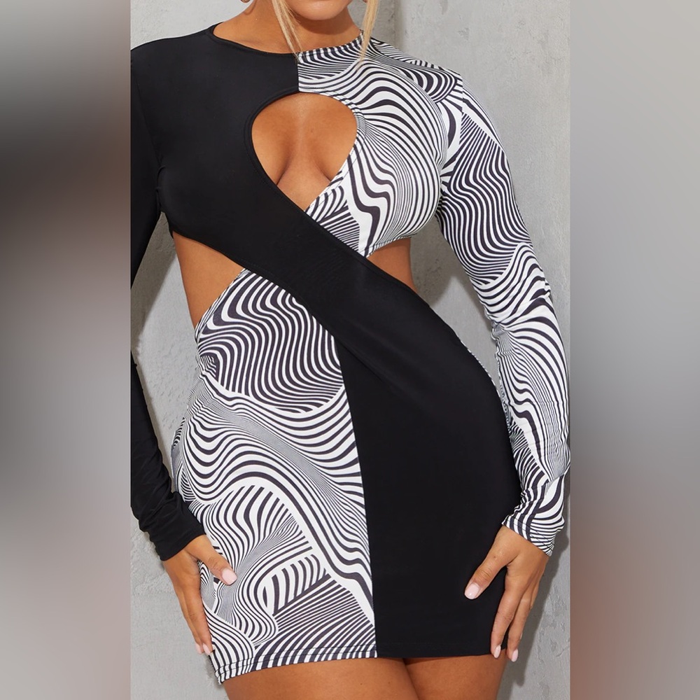 Monochrome Swirl Wrap Body Con Dress